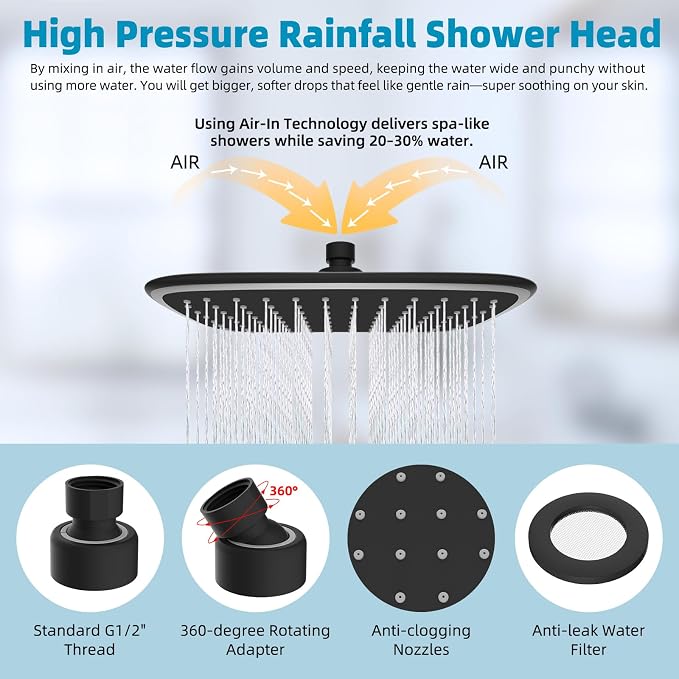 Filtered Rain Shower Head & 12" Extension Arm, 10" High-Pressure Showerhead | Matte Black, Boosting Rainfall/Fixed Showerhead with 20-Stage Shower Filter, Metal Shower Extender Adjustable Height/Angle