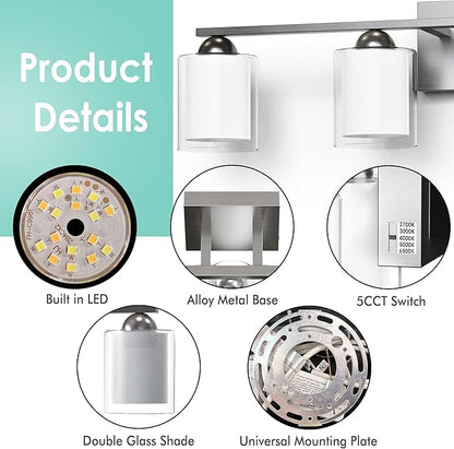 Quntis 4 Light Brushed Nickel Bathroom Light Fixtures, Modern Vanity Lights Over Mirror with 5 Colors & Stepless Dimmable, 27 Inch LED Bathroom Lighting with Milk White Frosted Glass (Bulbs Included)