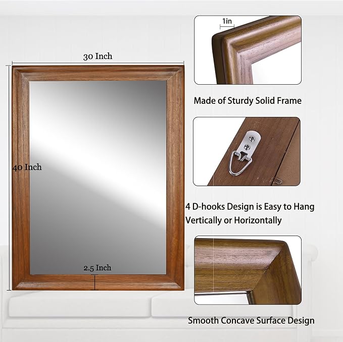 CULER Wood Wall Mirror for Bathroom, Rectangle,30 x 40 inch,Walnut Brown | Rustic Hanging Mirrors, Wooden Frame, For Living Room, Bedroom, Entryway