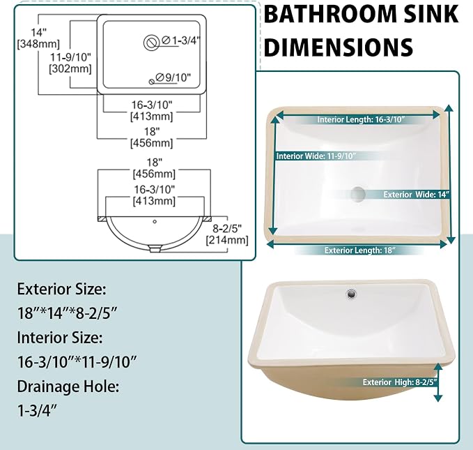 White Ceramic 18"x14" Undermount Bathroom Lavatory Sink | Rectangle under counter white bathroom vessel sink for bathroom with overflow