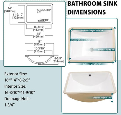White Ceramic 18"x14" Undermount Bathroom Lavatory Sink | Rectangle under counter white bathroom vessel sink for bathroom with overflow