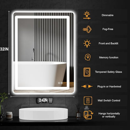 LED Bathroom Vanity Mirror with Lights, 32"x24" Lighted Wall Mirror | Front and Backlit, Anti Fog, Dimmable 3 Color Lighting, Memory Function, Shatterproof Glass, Plug in or Hardwired