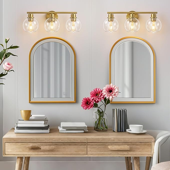 22" Bathroom Light Fixtures, 3-Lights Bathroom Vanity Light Over Mirror with Clear Glass Shade, Modern Gold Wall Sconce Vanity Lighting for Bath, Kitchen, Living Room, Hallway