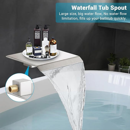 10" Rain Shower Faucet Set with Tub Spout, Brushed Nickel | Anti-scald cartridge, air tech boosts pressure 50%, 3-func diverter, NPT 1/2