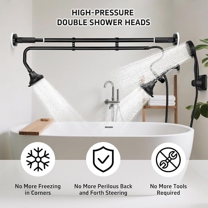 OURBAOFU Tandem Shower, Dual Shower Heads for Couples & Handheld head, Triple Shower Head System for Two People, High Pressure and Adjustable Double Shower Heads and Handheld Shower Head（Black)