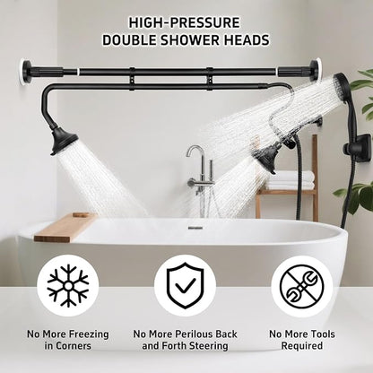 OURBAOFU Tandem Shower, Dual Shower Heads for Couples & Handheld head, Triple Shower Head System for Two People, High Pressure and Adjustable Double Shower Heads and Handheld Shower Head（Black)