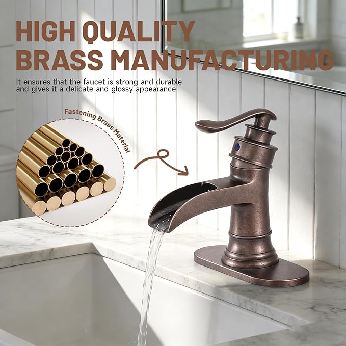 Bathroom Sink Faucet Waterfall Bath Faucets & Parts with Pop Up Drain Stopper Copper Farmhouse Antique Vanity Single Handle Single Hole Commercial Rustic Supply Lines Hose by Bathfinesse