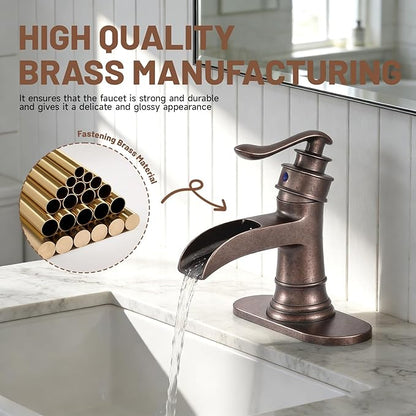 Bathroom Sink Faucet Waterfall Bath Faucets & Parts with Pop Up Drain Stopper Copper Farmhouse Antique Vanity Single Handle Single Hole Commercial Rustic Supply Lines Hose by Bathfinesse
