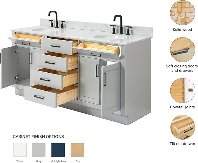 ARIEL Hepburn 72-inch Bathroom Vanity with Sink,Solid Wood, 0.75-inch Italian Carrara Marble Countertop & Backsplash, Double Oval Porcelain Sink, 4 Soft Closing Doors, 6 Dovetail Drawers, Grey