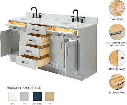 ARIEL Hepburn 72-inch Bathroom Vanity with Sink,Solid Wood, 0.75-inch Italian Carrara Marble Countertop & Backsplash, Double Oval Porcelain Sink, 4 Soft Closing Doors, 6 Dovetail Drawers, Grey