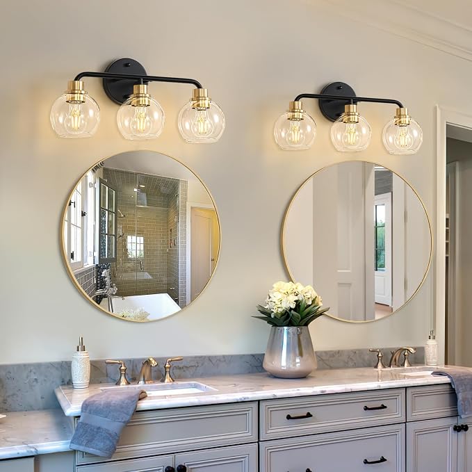 3 Light Bathroom Vanity Light, Black and Gold Bathroom Light Fixtures | with Clear Glass Shade Modern Wall Sconces Lighting Bath Wall Lights Lamp for Mirror Kitchen Living Room Bedroom Hallway