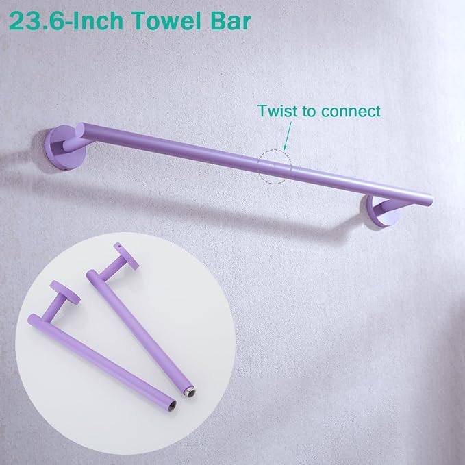 Bathroom Hardware Set,Purple 5 Pieces Bathroom Towel Bar Set,24 inch Towel Bar,Towel Ring for Bathroom,Robe Towel Hooks,Toilet Paper Holder Wall Mounted(Drilling),SE96006S-5PP