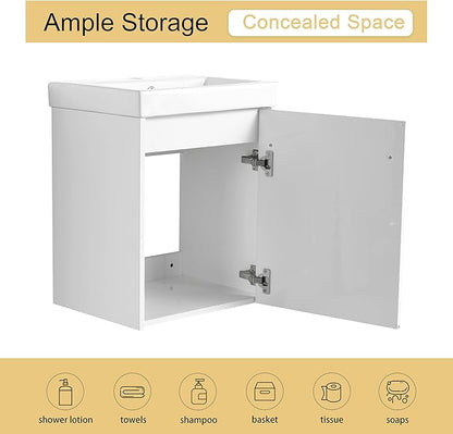 Malwee 18" Floating Bathroom Vanity with Sink, 18 inch Modern White Wall Mounted Bathroom Cabinet Combo for Small Space, Narrow Bath Wall-Hung Vanity Set with 1 Ceramic Basin and 1 Door(18gwh)