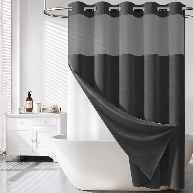Charcoal Grey Ringless Linen Look Shower Curtain with Snap Liner 72x75 | 3 in 1 Hotel Shower Curtain Set, Removable Liner, Waterproof & Washable, Mesh Top Window, Durable Fabric, Easy to Install