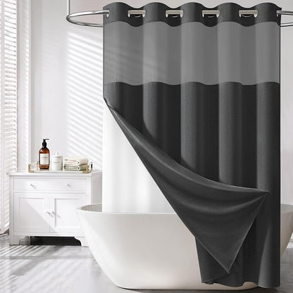 Charcoal Grey Ringless Linen Look Shower Curtain with Snap Liner 72x75 | 3 in 1 Hotel Shower Curtain Set, Removable Liner, Waterproof & Washable, Mesh Top Window, Durable Fabric, Easy to Install