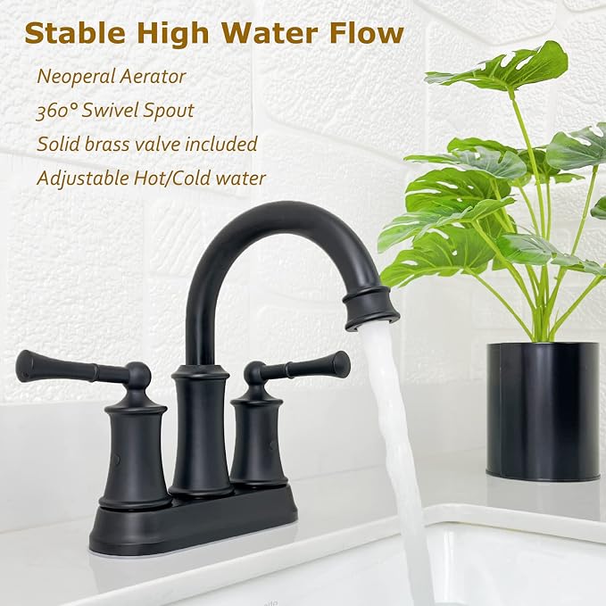 4 Inch Centerset Bathroom Faucet Matte Black,2 Handle Bathroom Faucet 3 Hole, Antique Brass Bathroom Faucet with Pop Up Drain Supply Hose for Vanity Lavatory RV Farmhouse(L2303-BK)
