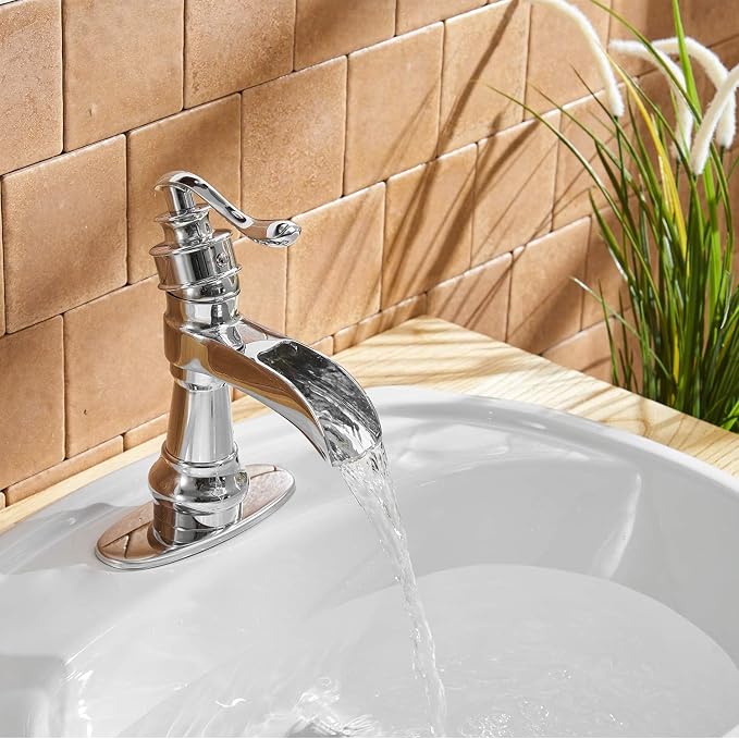Waterfall Bathroom Sink Faucet Polished Chrome Farmhouse | Single-Handle, Single Hole Deck Mount, Includes Pop Up Drain with Overflow, Silver, Fingerprint Shedding Smooth Surface