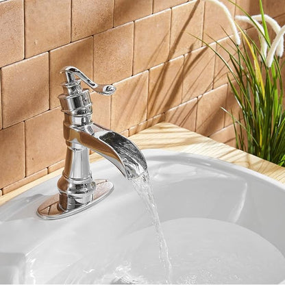 Waterfall Bathroom Sink Faucet Polished Chrome Farmhouse | Single-Handle, Single Hole Deck Mount, Includes Pop Up Drain with Overflow, Silver, Fingerprint Shedding Smooth Surface