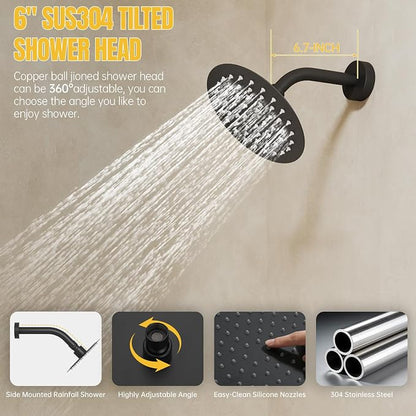 BESy Shower Faucet Fixtures Set for Bathroom, 10 & 6 In Round Dual Rain Shower Head, Ceiling & Wall Mounted Rainfall Shower System, Push Button Diverter Shower Valve with 2 in 1 Handheld, Matte Black