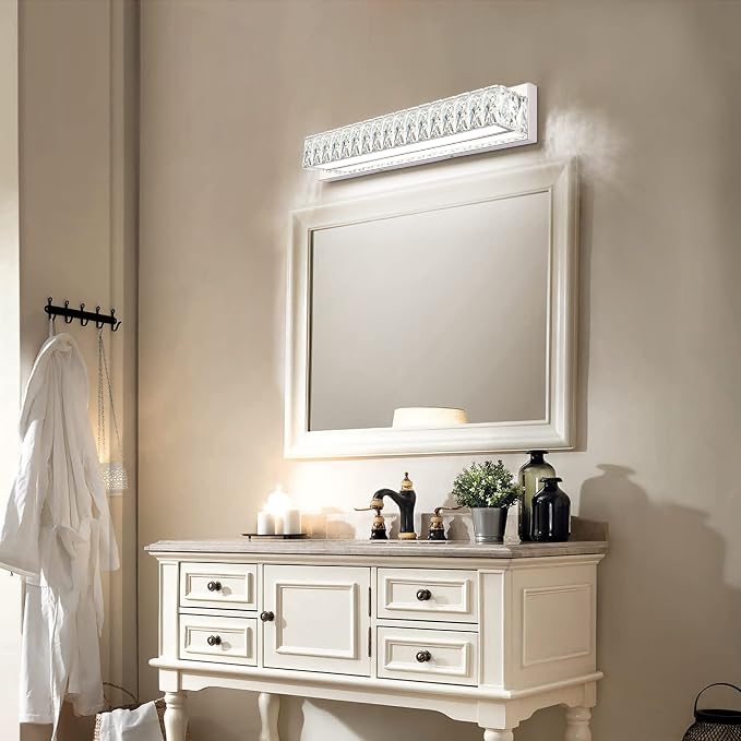 Crystal Bathroom Light Fixtures Over Mirror, 22.8in Modern LED Vanity Lights for Bath, Chrome Stainless Steel Bathroom Lighting, 6000K Bright White Light