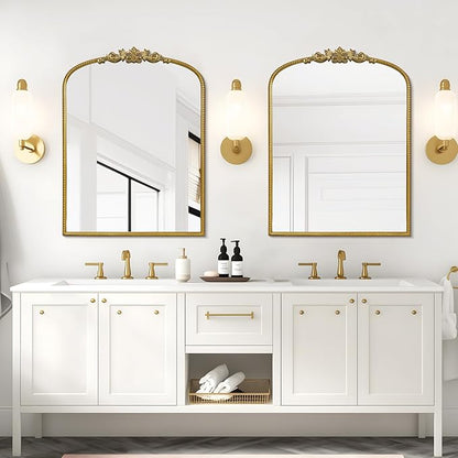 WallBeyond Gold Vintage Mirror for Vanity 24x32 Inch, Gold Antique Mirror with Ornate Frame, Arched Vintage Wall for Bathroom, Living Room, Fireplace, Entryway