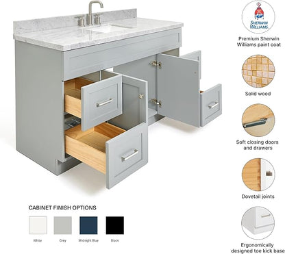 Bradford 60 Inch Bathroom Vanity Single Sink — Grey Bathroom Vanity with Sink, 1.5" Edge Italian Carrara Marble Countertop, Solid Wood, 2 Soft-Close Doors, 4 Dovetail Drawers