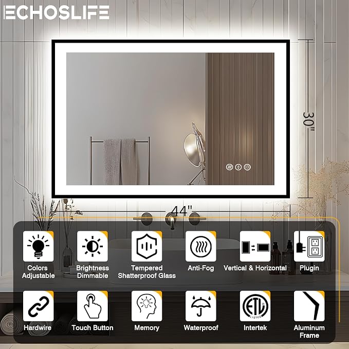 EchosLife 44x30 Bathroom Light up Mirror - Black Trim | Black Frame, Front and Backlit, Anti-Fog, Stepless Dimmable, 3 Colors, Memory, Tempered Glass, UL Listed, Horizontal/Vertical
