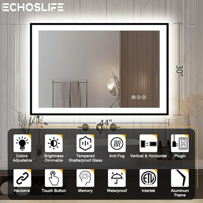 EchosLife 44x30 Bathroom Light up Mirror - Black Trim | Black Frame, Front and Backlit, Anti-Fog, Stepless Dimmable, 3 Colors, Memory, Tempered Glass, UL Listed, Horizontal/Vertical