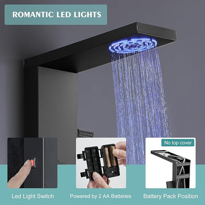 Matte Black Shower Panel for Bathroom - 5 In 1 Full Body Shower Tower With Led, Rainfall Shower Head With Powerful Body Jets, Handheld Shower And Tub Spout