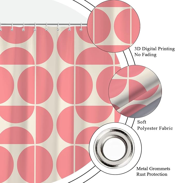 Pink Mid Century Modern Shower Curtain, Boho Abstract Geometric Retro Art Shower Curtains for Bathroom, Cute Semicircle Unique Pattern Polyester Fabric Bathroom Set 12 Hooks 72X72IN