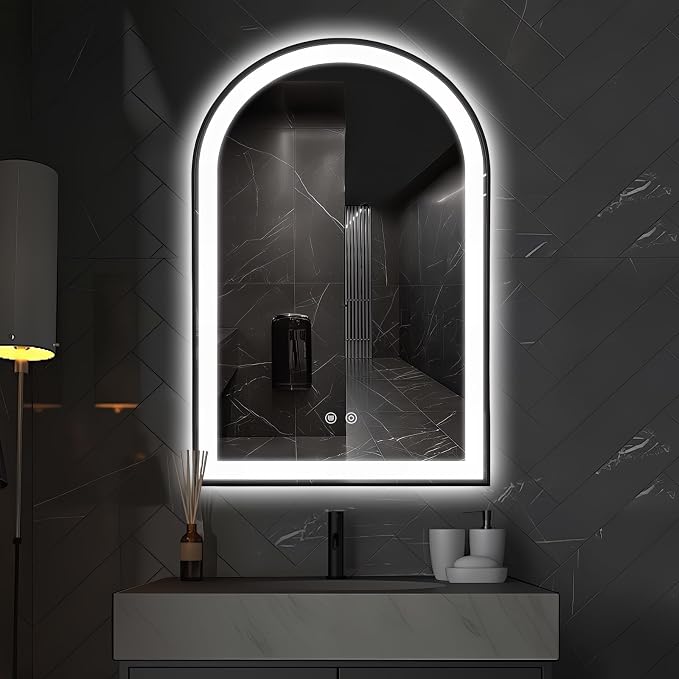 Arched LED Bathroom Mirror, 36"x24" Arch Backlit Vanity Mirror with Lights, Frontlit, Dimmable, 3 Colors, Memory Function, Anti-Fog Smart Mirror, Black Frame, Shatterproof, UL Listed