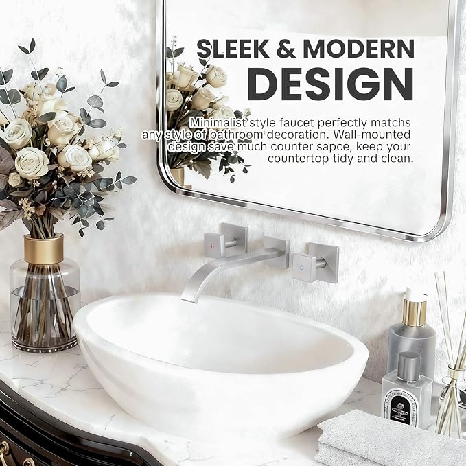 Wall-Mounted Bathroom Sink Faucet, Brushed Nickel Bathroom Faucet | Waterfall Bathroom Faucet with Two Handles, Brass Bathroom Sink Faucet, Wall-Mounted Washroom Faucets and Rough-in Valve