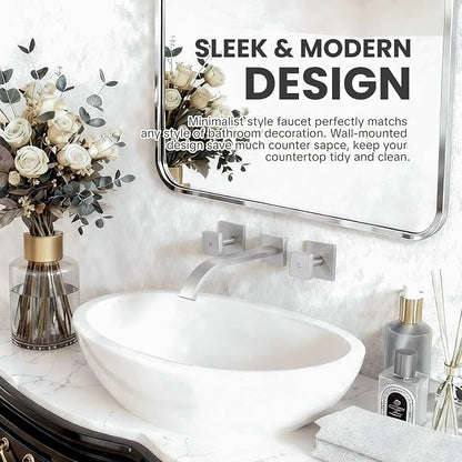 Wall-Mounted Bathroom Sink Faucet, Brushed Nickel Bathroom Faucet | Waterfall Bathroom Faucet with Two Handles, Brass Bathroom Sink Faucet, Wall-Mounted Washroom Faucets and Rough-in Valve
