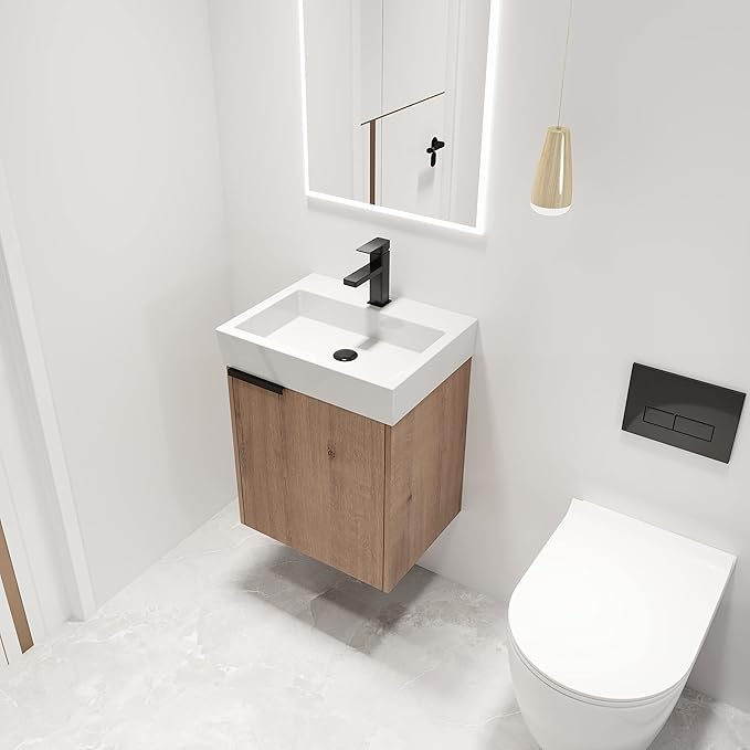 Malwee Bathroom Cabinet, Modern Vanity, Small 18'' Wall Mount, Imitative Oak, Scratch & Water-Resistant