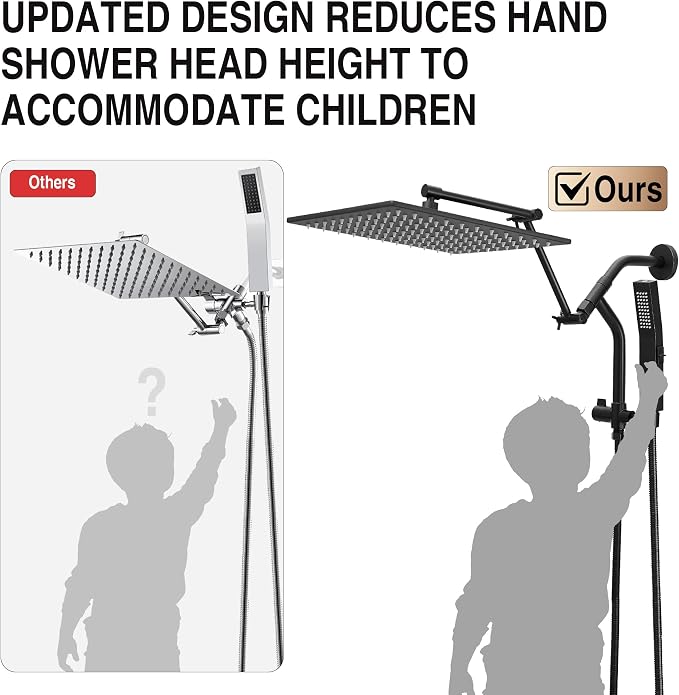 All Metal 12 Inch Rain Shower Head with Handheld Built-in Power Wash Mode, High Pressure Waterfall Rainfall Square Shower Heads with 16" Adjustable Extension Arm, Dual Showerhead, Matte Black