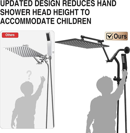 All Metal 12 Inch Rain Shower Head with Handheld Built-in Power Wash Mode, High Pressure Waterfall Rainfall Square Shower Heads with 16" Adjustable Extension Arm, Dual Showerhead, Matte Black