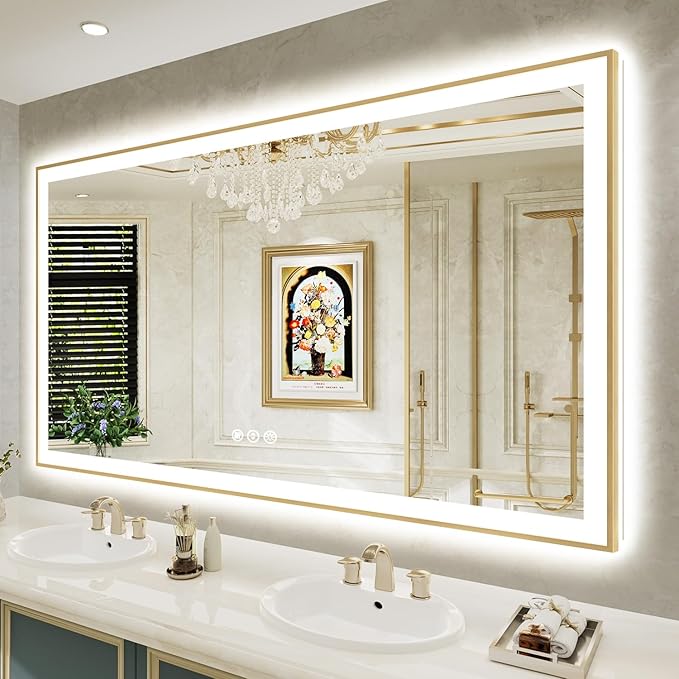 72x40 Inch LED Bathroom Mirror with Lights (Front Lit and Backlit) Gold Framed Lighted Vanity Mirror for Bathroom Wall Dimmable Anti-Fog Memory Tempered Glass Horizontal/Vertical