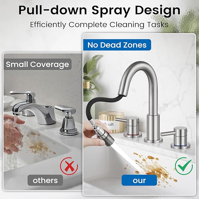 Bathroom Faucet 3 Hole, 8 Inch Widespread 2 Handle Pull Down Bathroom Sink Faucets with Pop Up Drain and 360° Swivel Spout, Brushed Nickel