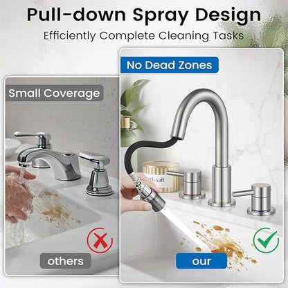 Bathroom Faucet 3 Hole, 8 Inch Widespread 2 Handle Pull Down Bathroom Sink Faucets with Pop Up Drain and 360° Swivel Spout, Brushed Nickel