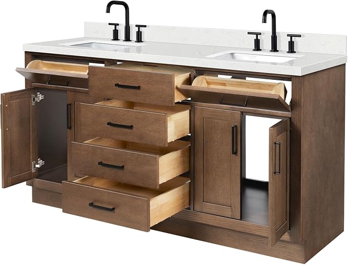 Isabella 66-Inch Brown Oak Double Bathroom Vanity with Sink, 1.5-Inch Edge Carrara White Quartz Countertop & 4" Backsplash, Soft-Closing Doors & Drawers, Solid Oak Wood Construction