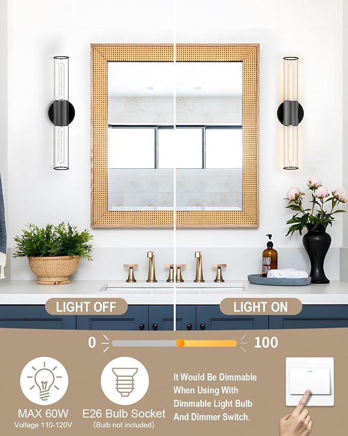 Bathroom Vanity Light Fixture, 2-Light Black Wall Sconce Lighting Fixture with Clear Glass, Indoor E26 Socket Wall Lamp for Mirror Living Room Hallway, 2 Pack