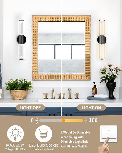 Bathroom Vanity Light Fixture, 2-Light Black Wall Sconce Lighting Fixture with Clear Glass, Indoor E26 Socket Wall Lamp for Mirror Living Room Hallway, 2 Pack