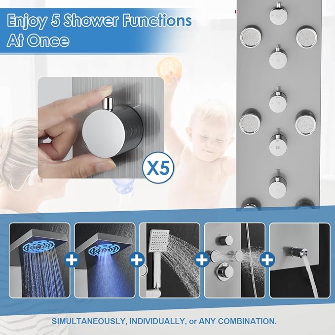 ROVOGO LED Shower Panel Tower System - Use 5 Functions at Once: Rainfall, Mist, Handheld, Body Jets and Tub Spout, Shower Column with Lights, Stainless Steel Brushed