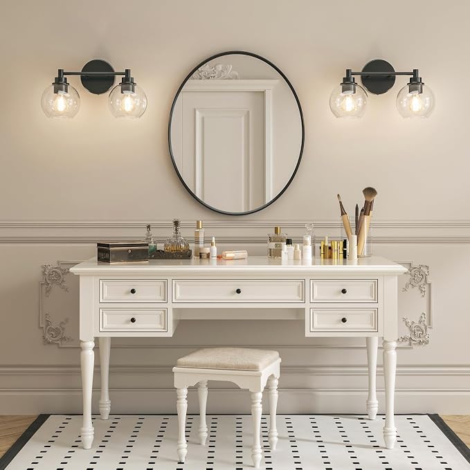 VONLUCE 2 Light Bathroom Vanity Light Fixtures, Black Finish | Globe Glass Shades, E26 Sockets, Easy to install, Vanity Lights for Bedroom Hallway Living Room