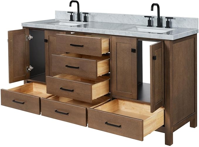 ARIEL Cambridge 66-inch Bathroom Vanity with Sink,Solid Wood, 1.5-inch Italian Carrara Marble Countertop, Double Rectangular Porcelain Sink, 4 Soft Closing Doors, 6 Dovetail Drawers, Brown Oak