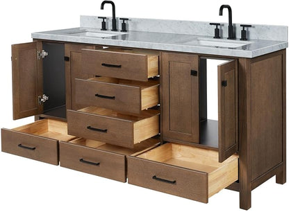 ARIEL Cambridge 66-inch Bathroom Vanity with Sink,Solid Wood, 1.5-inch Italian Carrara Marble Countertop, Double Rectangular Porcelain Sink, 4 Soft Closing Doors, 6 Dovetail Drawers, Brown Oak