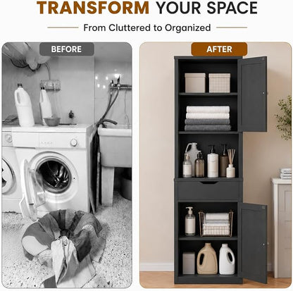 Walsunny Tall Bathroom Storage Cabinet with 6 Adjustable Shelves, Black | Anti-Tip Safety, Waterproof MDF, 2 Doors + 1 Drawer, Easy Assembly, for Bathroom/Living Room/Kitchen