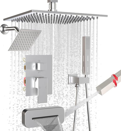 ENGA Dual Shower Head System with Tub Spout, Ceiling Mount 12 Inch Shower Head with 6 Inch Wall Mount Shower Head Shower Faucet Set, Brushed Nickel