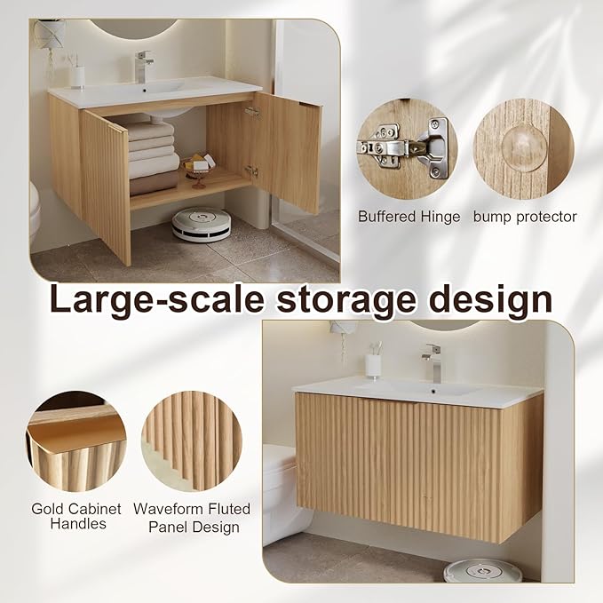 Modern Bathroom Vanity with Sink, Floating Wall Mount Cabinet with Wavy Textured Doors, Waterproof Storage for Small Bathroom, Soft-Close Design, Nature Wood (36")