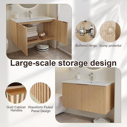 Modern Bathroom Vanity with Sink, Floating Wall Mount Cabinet with Wavy Textured Doors, Waterproof Storage for Small Bathroom, Soft-Close Design, Nature Wood (36")